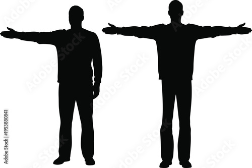 Man silhouette with open arms welcoming gesture showing confidence freedom greeting presentation human pose concept