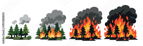 Forest fire progression showing a small blaze to a severe wildfire, representing climate change impact and environmental destruction