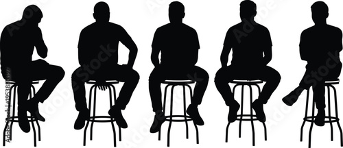 Man sitting on stool silhouettes set with different relaxed poses isolated human people vector illustration collection