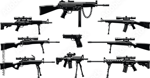 Black and white vector illustration set of tactical firearms including assault rifles, sniper rifles with scopes, submachine guns, and pistol.
