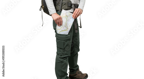 Hiker with backpack holding map while standing