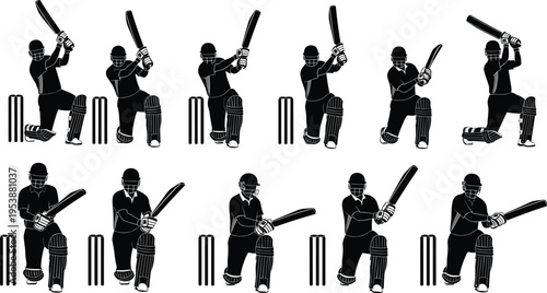 Black and white vector silhouette set of cricket batsman playing sweep shots with wicket stumps, professional sports player action, batting icons.