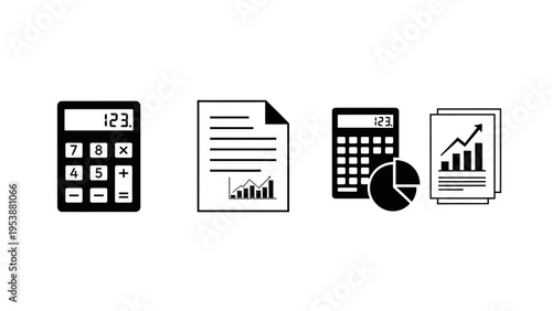 Business Icons: Calculator, Documents, Charts, and Pie Graph