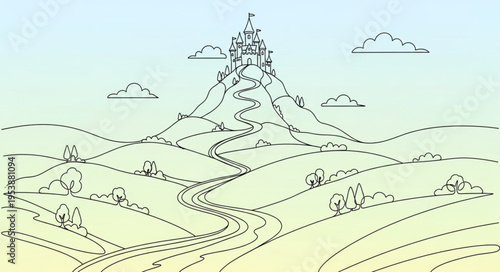 Whimsical Mountain Castle Illustration with Winding Roads and Dreamy Landscape.