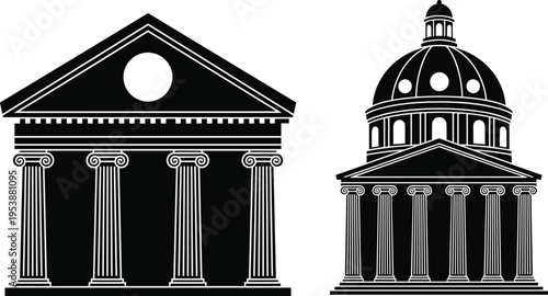 Black and white vector silhouettes of classical Neoclassical architecture buildings featuring ionic columns, triangular pediments, and a grand domed rotunda