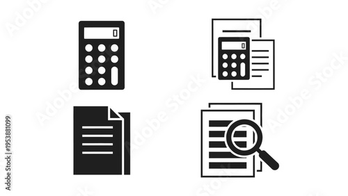 Business Icons: Calculator, Documents, Magnifying Glass - Analysis and Finance