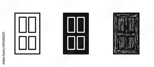 Modern Paneled Door Icon Set in Outline, Solid, and Hand-Drawn Styles; Home Interior or Exterior Door Icons