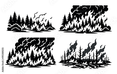 Forest fire vector silhouette set depicting wildfires in various stages, from initial burning to charred landscapes with smoke and ash