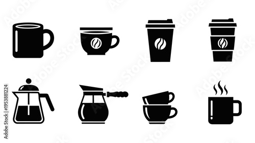 Coffee Icons: Mugs, Cups, French Press, Turkish Coffee Pot, Takeaway Cups