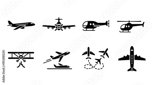 Collection of Airplane and Helicopter Icons: Aviation and Transportation Symbols