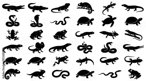 Comprehensive collection of thirty six reptile and amphibian silhouettes including snakes turtles frogs and lizards