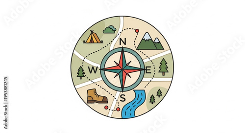 Compass Rose with Camping and Hiking Icons for Outdoor Adventures.