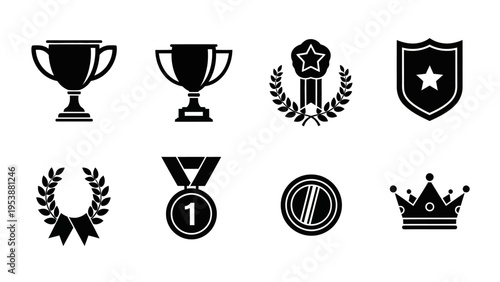 Collection of Award Icons: Trophies, Medals, Crown, Shield, Laurel Wreath