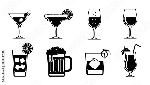 Collection of Black and White Drink Icons: Cocktails, Beer, Wine, and More