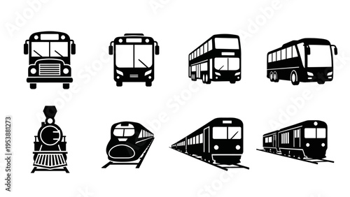 Collection of Black and White Icons: Buses and Trains