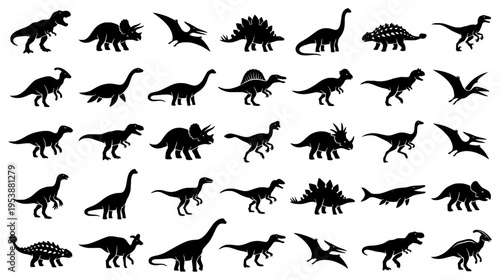 Diverse collection of thirty five prehistoric dinosaur silhouettes featuring carnivores herbivores and flying pterosaurs