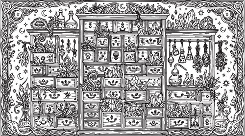 Intricate Black and White Illustration of a Mystical Apothecary Cabinet Filled with Herbs, Potions, and Magical Elixirs