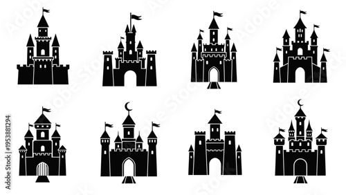 Collection of Black Castle Silhouettes on White Background