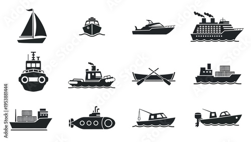 Collection of diverse boat and ship icons on a white background