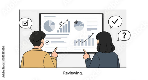 Professional colleagues collaboratively analyzing business data and financial performance charts on a large display, discussing strategies and progress in a modern office environment