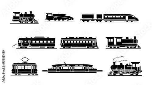 Collection of diverse train silhouettes: steam, modern, tram, and high-speed