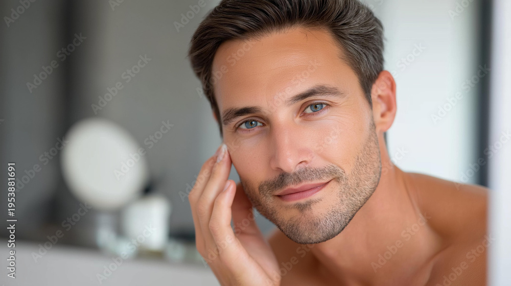 Obraz premium Man applying lotion to his skin in front of a mirror, male skincare and self-care at home, grooming lifestyle concept, defocused background, with copy space