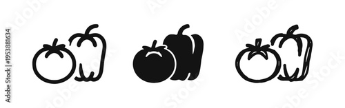Tomato and Bell Pepper Vegetable Icon Set in Outline, Solid, and Hand-Drawn Styles; Fresh Produce Icons