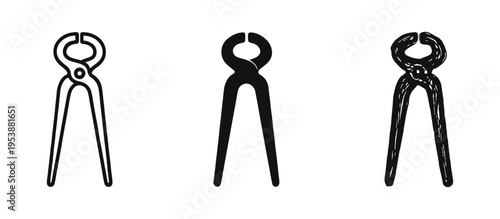 Pincers and Nippers Tool Icon Set in Outline, Solid, and Hand-Drawn Styles; Construction Hand Tool Icons