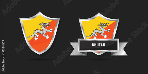 Bhutan National Flag Shield Icon with Silver Ribbon Glossy Metallic Dragon Emblem Badge