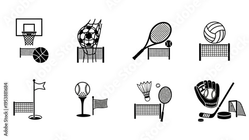 Collection of Sports Icons: Basketball, Soccer, Tennis, Volleyball, Golf, Baseball, Badminton, Hockey
