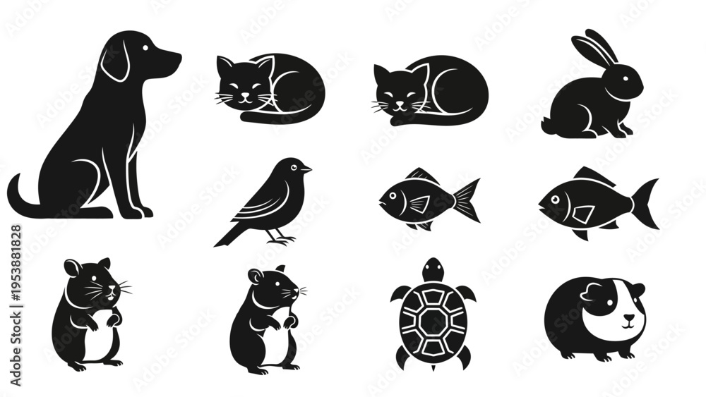 Obraz premium Cute Pet Icons: Dog, Cat, Rabbit, Bird, Fish, Hamster, Turtle, Guinea Pig