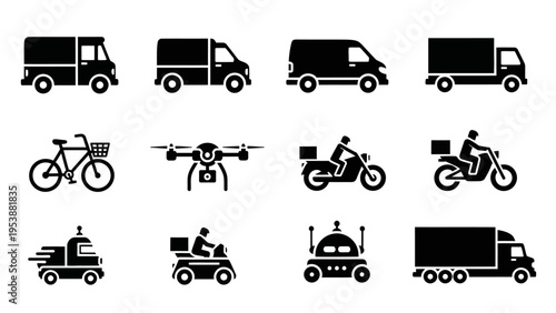 Delivery Icons: Trucks, Drones, Bikes, Motorcycles, Robots, and Vans