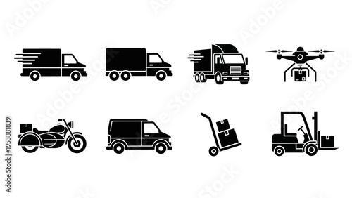 Delivery Vehicles and Logistics Icons: Truck, Drone, Motorcycle, Van, Forklift