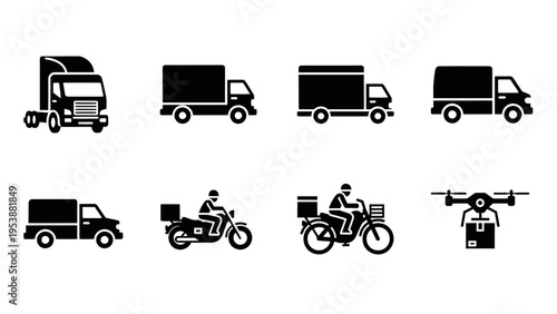 Delivery Service Icons: Trucks, Motorcycles, and Drone