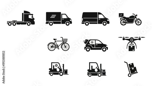 Delivery Vehicles and Logistics Icons: Truck, Van, Motorcycle, Drone, Forklift, Bicycle
