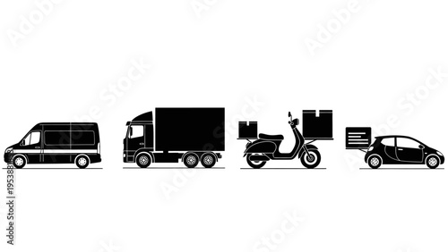 Delivery Vehicles Icons: Van, Truck, Scooter, Car with Boxes