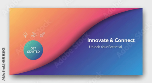 Innovate and connect landing page banner with gradient split effect and round call to action