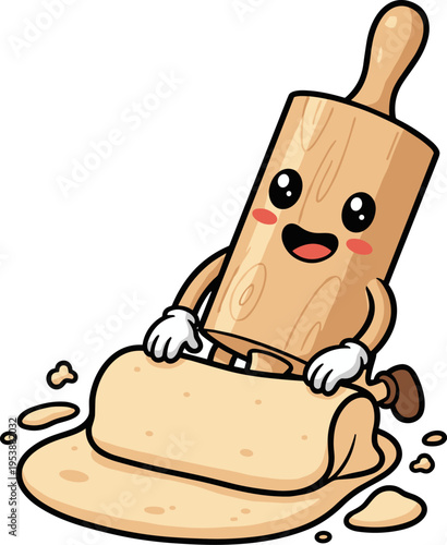 Cute Wooden Rolling Pin Character Making Dough With White Gloves And Pink Cheeks