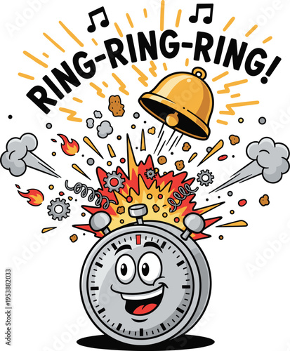 Exploding Stopwatch Character Ringing Loudly With Animated Gears and Smoke Effect