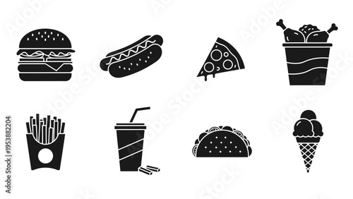 Fast Food Icons: Burger, Hot Dog, Pizza, Fries, Drink, Taco, Ice Cream, Chicken