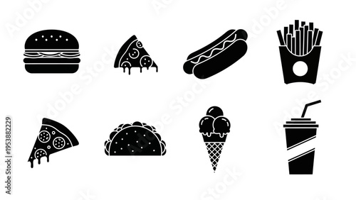 Fast Food Icons: Burger, Pizza, Hot Dog, Fries, Taco, Ice Cream, Drink