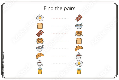 Food pairing game for children featuring breakfast items and drinks  