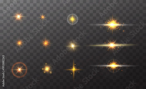 Gold sparkle stars and radiant light effects vector illustration on black background. Elegant glowing elements. Perfect for branding, invitations, backgrounds.