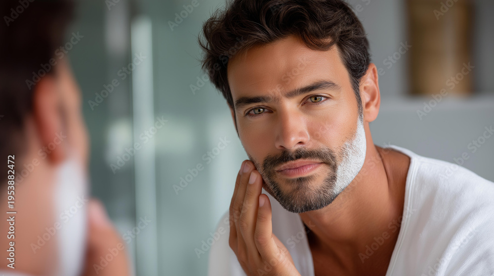 Naklejka premium Man looking in a bathroom mirror while applying shaving foam to his jaw and neck, male grooming routine, personal hygiene lifestyle, defocused background, with copy space