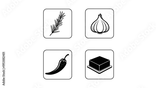 Food ingredients icons: rosemary, garlic, chili pepper, butter