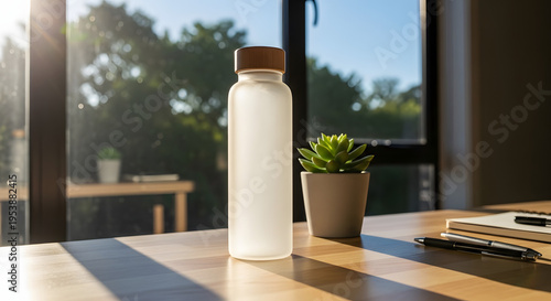Frosted water bottle with wooden cap on sunlit desk next to a succulent. 