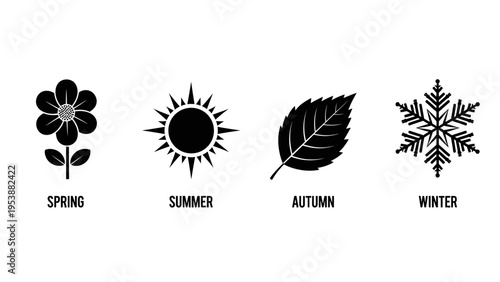 Four Seasons Icons: Spring Flower, Summer Sun, Autumn Leaf, Winter Snowflake