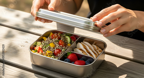 Mindful eating outdoors A person gently opens a sleek
