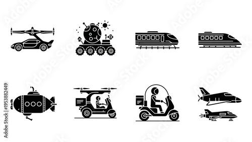Future Transportation Icons: Flying Car, Space Rover, Trains, Submarine, Drone Scooter, Jet