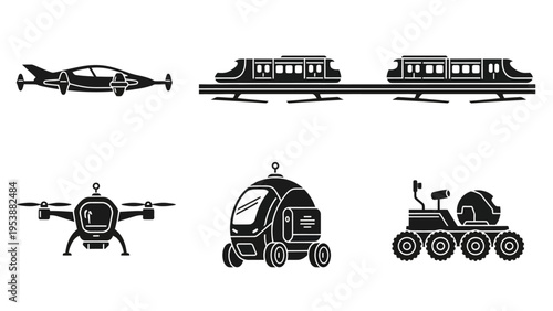 Futuristic Transportation Icons: Flying Car, Train, Drone, Pod, Rover